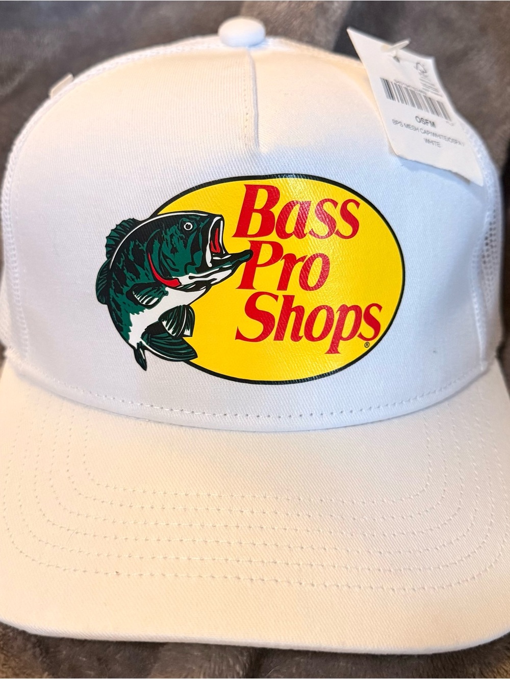 Bass Pro Shops White Hat with Yellow Logo and Green Fish #Bass #Bigmouth